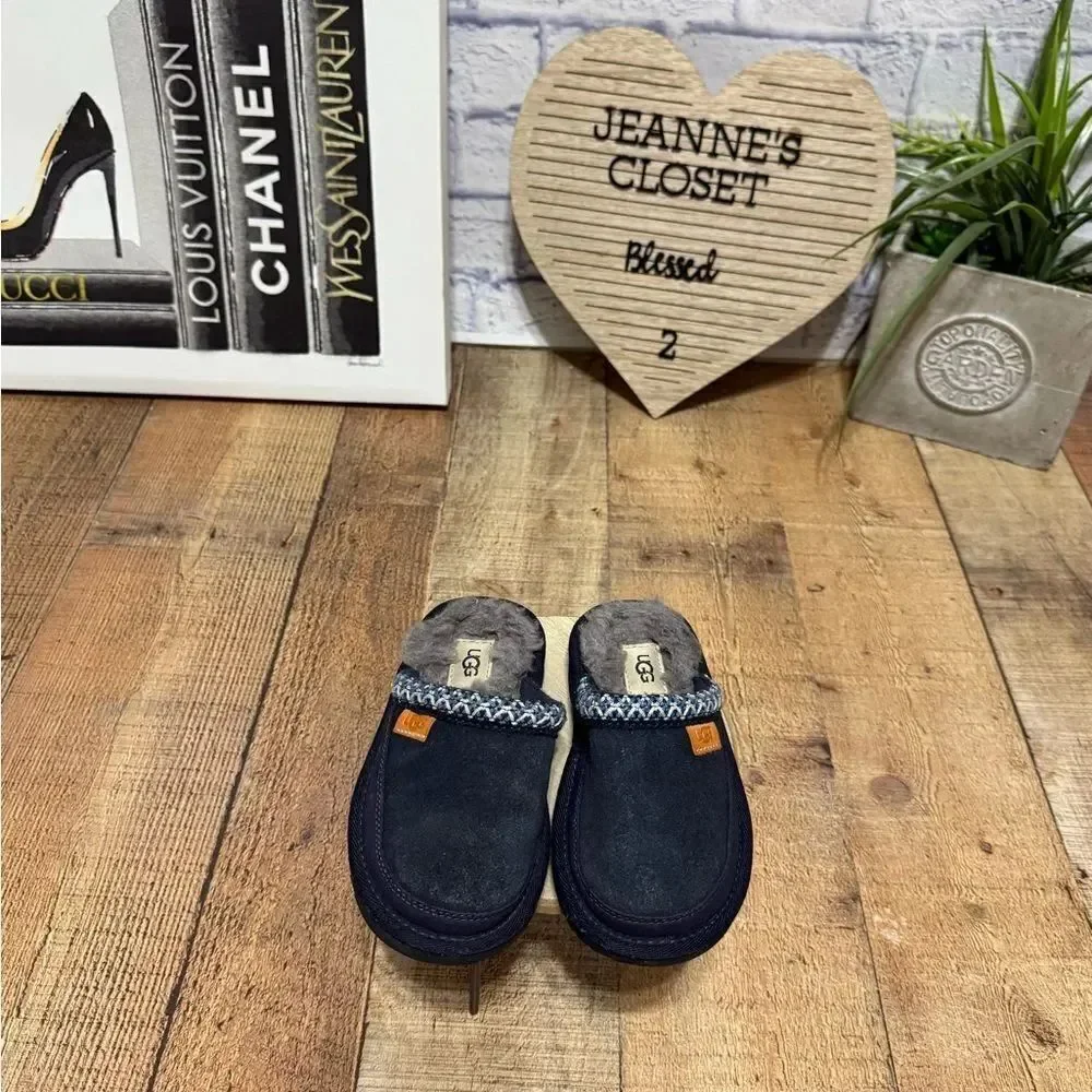 Ugg Tasman II Youth Navy Blue Suede Mule Moccasin Shearling Footbed 10